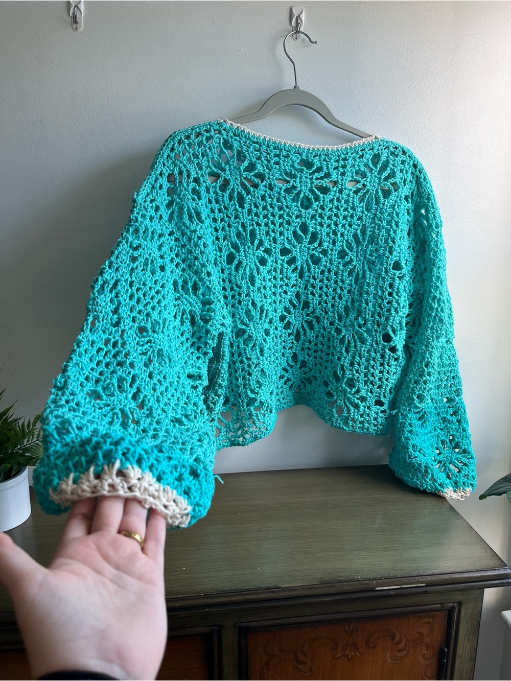 Hand Crafted Turquoise Crochet Openwork Sweater with Cream Trim